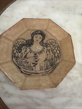 Decoupage fabric, angel octagon plate Beige and Black Angel Glass Art